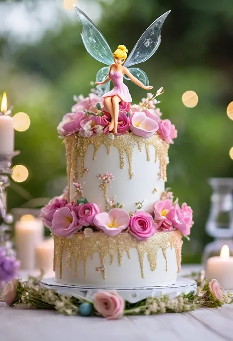 2-tier cake with feminine decoration, with Tinkerbell sitting on top of the cake and with fairy dust as ambient decoration and with many beautiful flowers.