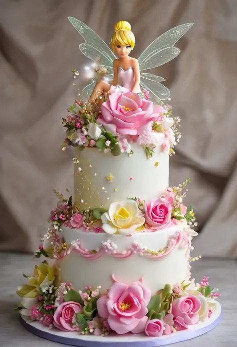 2-tier cake with feminine decoration, with Tinkerbell sitting on top of the cake and with fairy dust as ambient decoration and with many beautiful flowers.