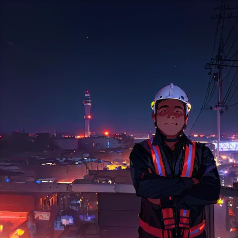 arafed man in safety vest standing on a balcony at night, photo taken at night, captured on iphone, taken on iphone 1 3 pro, shot on iphone 1 3 pro max, taken on iphone 14 pro, in future airport rooftop, shot on iphone 1 3 pro, at nighttime, standing on sh...