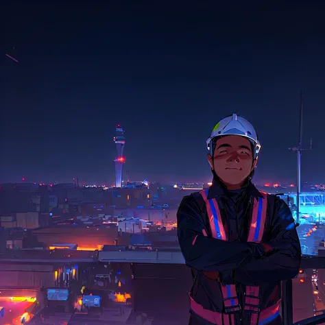 arafed man in safety vest standing on a balcony at night, photo taken at night, captured on iphone, taken on iphone 1 3 pro, shot on iphone 1 3 pro max, taken on iphone 14 pro, in future airport rooftop, shot on iphone 1 3 pro, at nighttime, standing on sh...