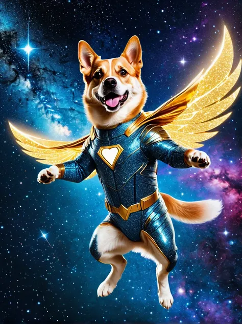 A superhero dog flying into space, armored with a shiny metallic suit, eyes glowing with courage, and a long flowing tail. The vast cosmos expands beyond, filled with countless stars and swirling nebulae. Its paws are extended forward, reaching out into th...