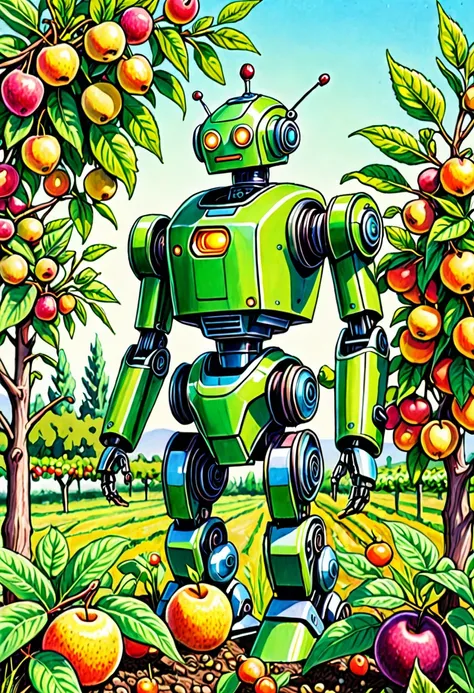 a colored pencil sketch of a organic plant based robot working in a fruit orchard. it is bright sunny romanitic and idealist ske...