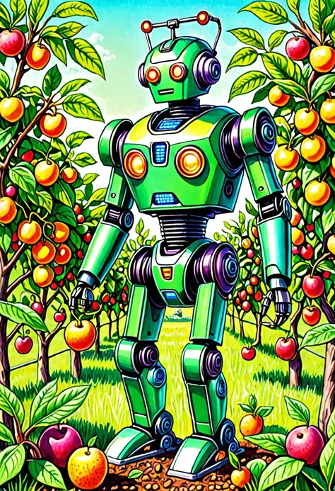 a colored pencil sketch of a organic plant based robot working in a fruit orchard. it is bright sunny romanitic and idealist ske...