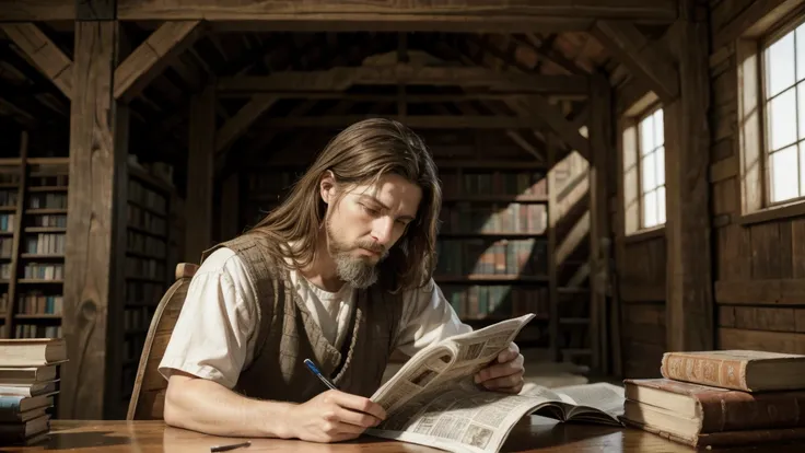 a painting of a man reading a newspaper next to a barn, Ark of Noah, moisés, biblical image, biblical antigo, bible illustration, biblical painting, jeremiah, biblical art, Old Testament, archimedes, epic biblical representation, construction, architect, b...