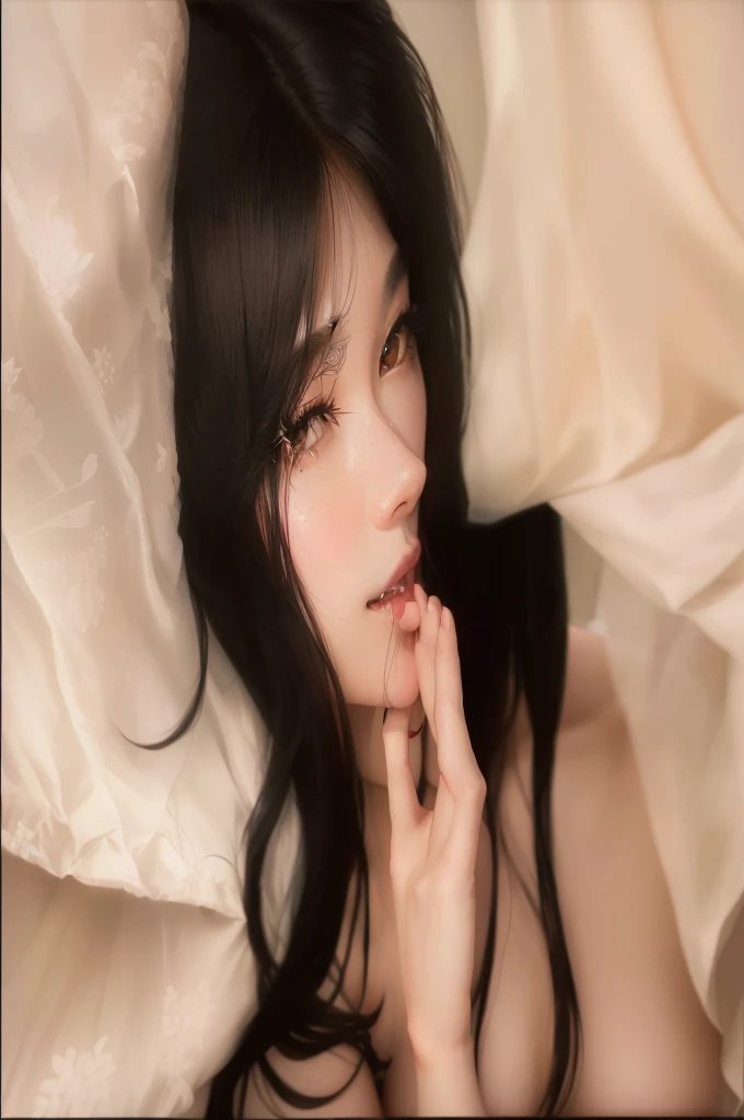 there is a woman lying on a bed with a white blanket, beautiful south mulher KOREAN, gorgeous young mulher KOREAN, beautiful young mulher KOREAN,  KOREAN, role model | artgerm, mulher KOREAN, beautiful asian girl, like artgerm, lindo rosto delicado, ulzzan...