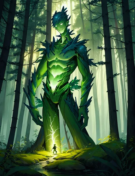 Lightning Elemental       yellowStickman Create a whimsical artistic scene where the character should look like he is in a forest. The background should depict a cozy forest setting with warm ambient lighting.