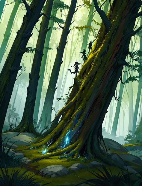 Lightning Elemental       yellowStickman Create a whimsical artistic scene where the character should look like he is in a forest. The background should depict a cozy forest setting with warm ambient lighting.