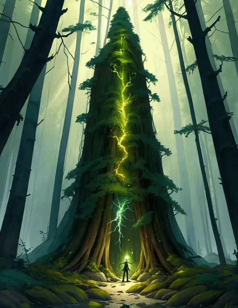 Lightning Elemental yellowStickman Create a whimsical artistic scene where the character should look like he is in a forest. The background should depict a cozy forest setting with warm ambient lighting.