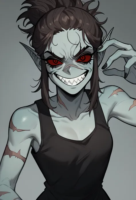 Anime zombie undead girl, slitched face, scars an face, black sclera, shark teeth, glowing eyes, smug face, vile, pale green-ish decayed skin, black tank top, eletric colar, agressive and lunatic