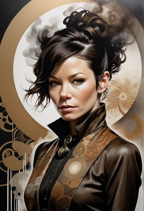 (Evangeline Lilly) is a beautiful charming woman carved out of dark smoke, dressed as a Steampunk girl in brown, circular colored smoke, waves of shadows at night, abstract skull ornaments, pixie back fade haircut, soft colors, flat 4d street art in the st...