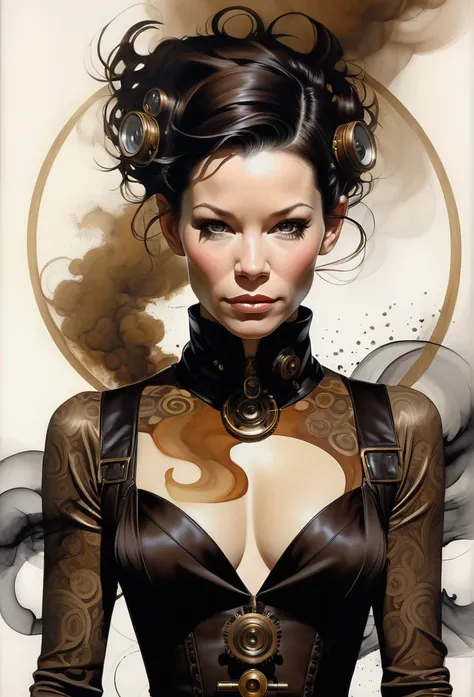 (Evangeline Lilly) is a beautiful charming woman carved out of dark smoke, dressed as a Steampunk girl in brown, circular colored smoke, waves of shadows at night, abstract skull ornaments, pixie back fade haircut, soft colors, flat 4d street art in the st...