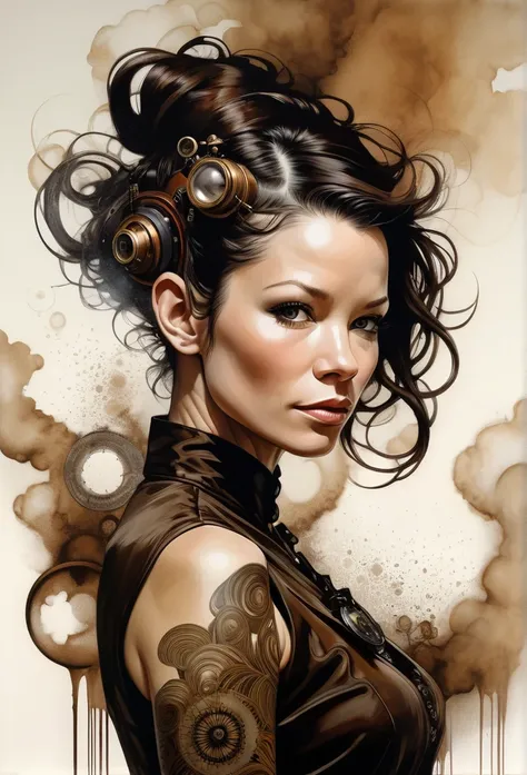 (Evangeline Lilly) is a beautiful charming woman carved out of dark smoke, dressed as a Steampunk girl in brown, circular colored smoke, waves of shadows at night, abstract skull ornaments, pixie back fade haircut, soft colors, flat 4d street art in the st...