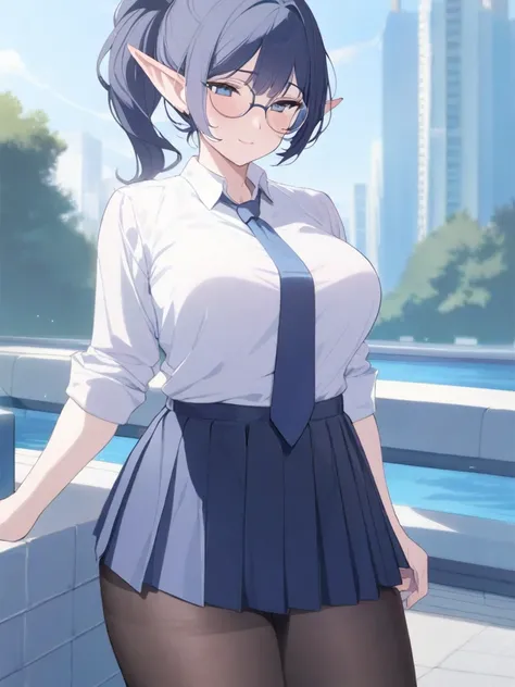 masterpiece, best quality, high quality, beautiful anime character, solo, anime girl with dark blue hair, messy hair, medium length hair, (huge long ponytail, ponytail), blue eyes, elf ears, slightly big breasts, (mature female, tall female), big girl, thi...