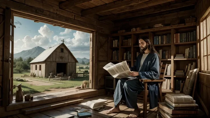 a painting of a Jesus, holy. reading a newspaper next to a barn, Ark of Noah, moisés, biblical image, biblical antigo, bible illustration, biblical painting, jeremiah, biblical art, Old Testament, archimedes, epic biblical representation, construction, arc...