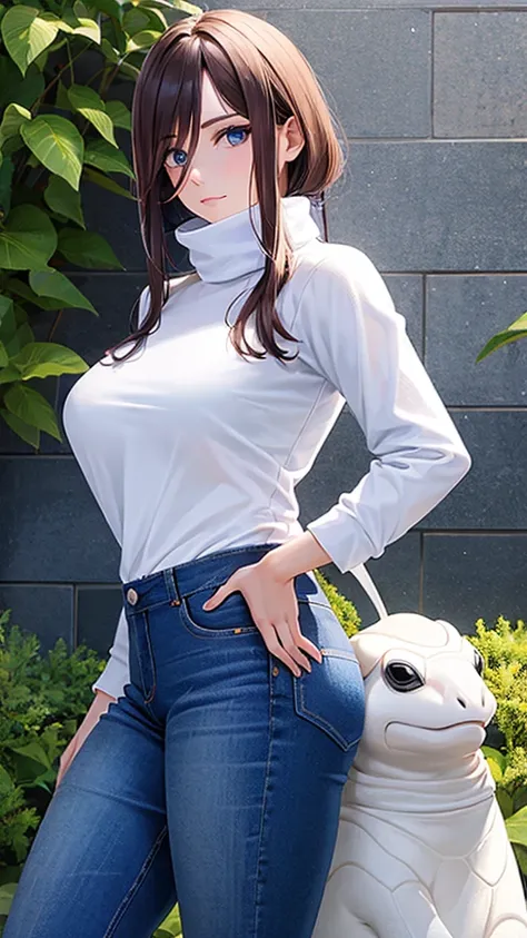 With jeans and a white turtleneck 