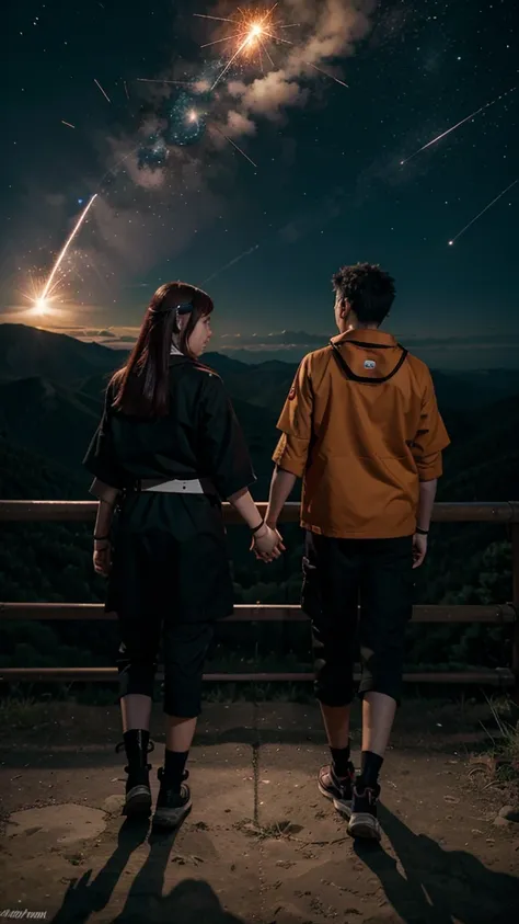 Naruto and Hinata watching a meteor fall on top of a mountain holding hands ultra 