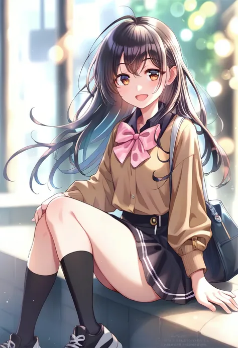 score_9,score_8_superior,score_7_superior,One girl,alone,bangs,blush,smile,View your viewers,inisoors,:is,Ahoge,arm ssuperiorport,bag,barefoot,Black Hair,Black legwear,black shirt,black skirt,black shoes下,Blurred,Bokeh,bow,bowtie,Brown eyes,brown shirt,cla...