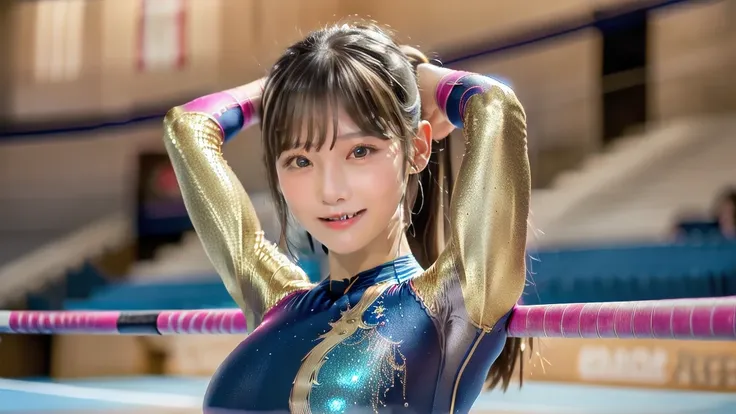 ((indoor, 新gymnastics arena, gymnastics arena:1.3)), ((highly detailed skin), beautiful realistic face, white skin, pointed ches...