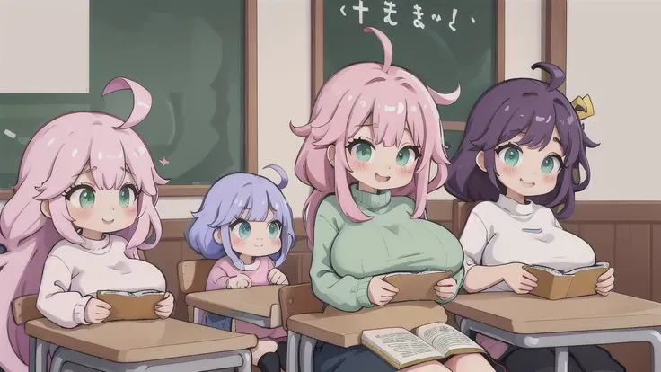 private teacher、Big Breasts、Pink Hair、Long Hair、Straight Hair、Ahoge、Kind older sister、Green Eyes、Droopy eyes、smile、sweater