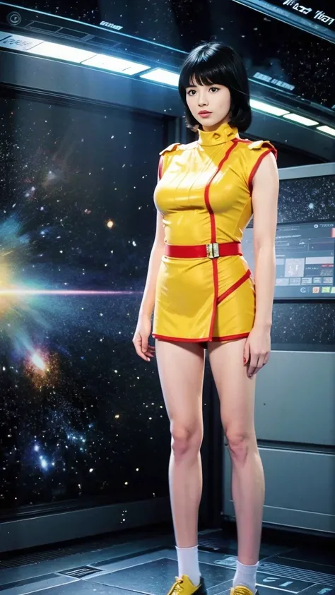 (8k、RAW Photos、Highest quality、masterpiece:1.2、Perfect Anatomy)、(Realistic、Realistic、Full body photo)、1 female、(((Large Breasts、A slightly sullen look)))、short hair、(((A woman in her twenties wearing a Fa Yuiri costume)))、Being inside a spaceship