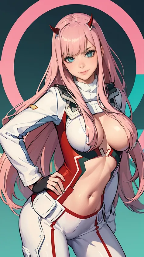 very detailed background, masterpiece, Best quality, 1 girl, solo, ((masterpiece, Best quality)), best aesthetics, Zero Two, , (smile), (доhornsя во франксе), доhornsя во франксе, bang, Sarcastic, blushing , covered navel, eyeshadow, green eyes, hair behin...