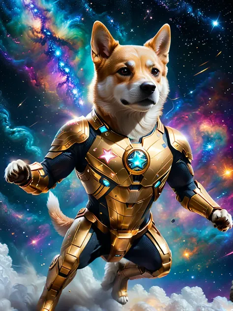 A superhero dog flying into space, armored with a shiny metallic suit, eyes glowing with courage, and a long flowing tail. The vast cosmos expands beyond, filled with countless stars and swirling nebulae. Its paws are extended forward, reaching out into th...