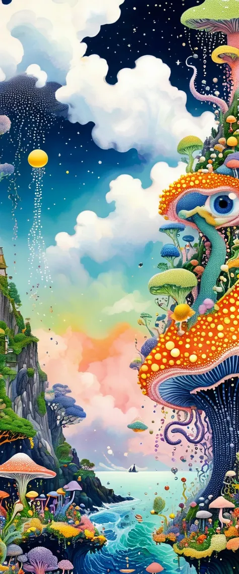 Strong visual fusion of multiple elements，Broto，来自Star的艺术家，house：1.37、Eye、Star、cloud、Spore powder、Ocean、Tentacles，Describing the inner world of autistic people，密集Pointillism method。Smooth lines。interesting，Strange illustration。Pointillism method。Strong con...