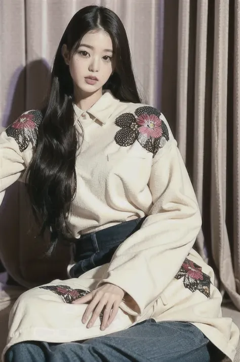 Jang Wonyoung, Nikon RAW photo, 8k, Fujifilm XT3, masterpiece, best quality, realistic, photorealistic, ultra detailed, 1girl, black hair, curtains, floral print, lips, long hair, looking at viewer, mole, sitting, solo