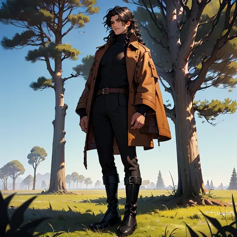 (detailed), (((normal guy))), (arab features), ((brown sheepskin jacket)), ((black curly hair loose hair)), (calm face), ((by the wide)), ((tall black boots)), (((Whole body))), ((in the middle of a field leaning on a tree), ((male)), (black turtleneck swe...