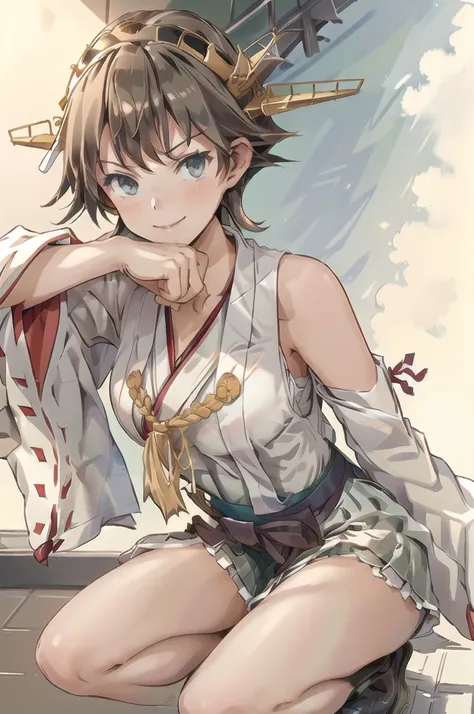 Highest quality, masterpiece, High resolution, alone, (Hiei Kai-2_Fleet Collection:1.15), オレンジ色hair, hairband, headgear, Non-traditional_Shrine maiden, smile, green_eye, Inverted up_hair, smile, One Girl, dependent_sleeve, green_skirt, Plaid, Plaid_skirt, ...