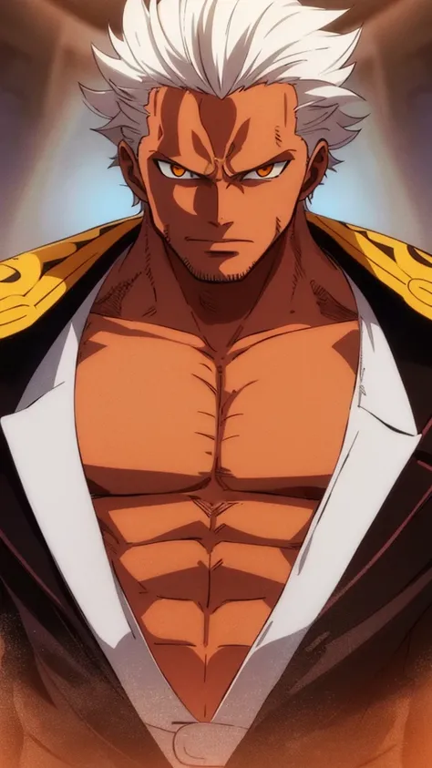 a muscular shirtless black man with defined physique, wearing a red open leather jacket, white hair, yellow eyes, dark brown skin tone, front view, highly detailed, masterpiece