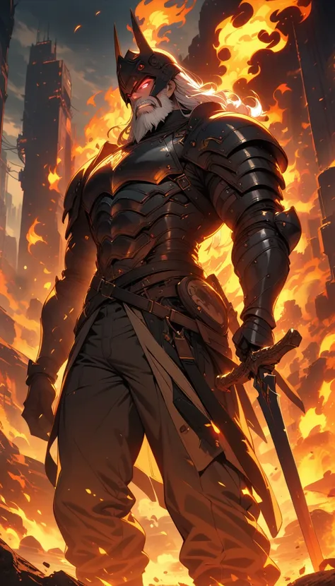 ((best quality)) , ((masterpiece)) , (detailed)，weapon, armor, holding, long hair, facial hair, glowing eyes, 1boy, male focus, holding weapon, glowing, sword, outdoors, helmet, braid, teeth, fire, shoulder armor, pants, grey hair, beard, bangs, holding sw...