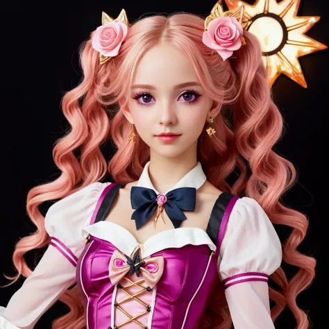 girl with (((deep magenta eyes and long, wavy pink hair))) ((styled in an elegant French braid)). (((She is slender, and , with small breasts))). Wearing a (((pink, gold, and rose gold color magical girl-themed outfit.))) The overall look is regal and ethe...