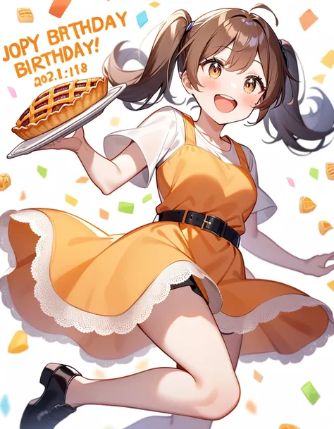 girl, Brown hair, two ponytails in hair, Brown eyes, White T-shirt, orange sundress, black shoes, Black Belt, Short skirt, white lace at the end of the skirt, White background, birthday, joy, pie,