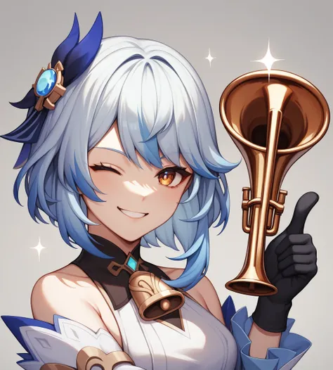 1 Girl,{employment (Genshin Impact)},Solitary,Smile, trumpet,{Blue Hair},bell,only_Shoulder,Black_Gloves,point to at viewer, Close one eye, Looking at the audience, Solitary, White hair, Shut up, Bangs, background, point to, Finger guns,portrait,thumbs up,...