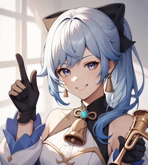 1 Girl,{employment (Genshin Impact)},Solitary,Smile, trumpet,{Blue Hair},bell,only_Shoulder,Black_Gloves,point to at viewer, Close one eye, Looking at the audience, Solitary, White hair, Shut up, Bangs, background, point to, Finger guns,portrait,thumbs up,...