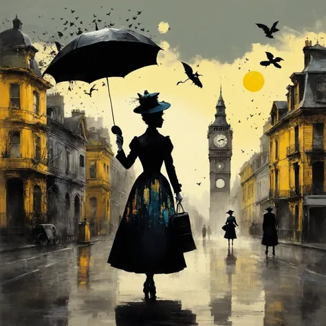 painting of a woman in a dress and hat holding an umbrella, by Nick Gentry, victorian city, inspiring art, mary poppins, inspired by Nick Gentry, inspired by John Atkinson Grimshaw, beautiful retro art, beautiful artwork, a beautiful artwork illustration, ...