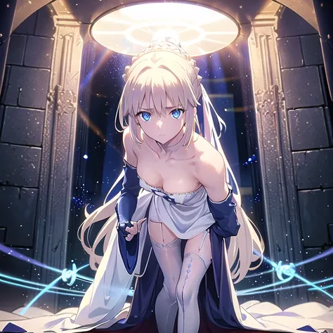 artoria pendragon saber (blue eyes:1.7), ((blonde hair in a bun), (small-sized breast:1.2), imprisoned in a dark temple by red magical lines, tied by red magicall lines, BREAK collarbone, very ((low-cut white summer dress)), bare arms, bare shoulders, ((wh...