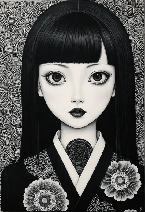 Jet Black、Swirl、Japanese doll。Painting:Junji Ito