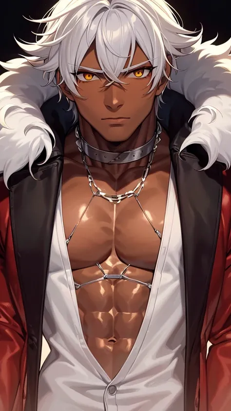 a muscular shirtless black man with defined physique, wearing a red open leather jacket, white hair, yellow eyes, dark brown skin tone, front view, highly detailed, masterpiece