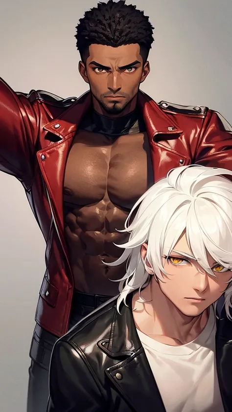 a muscular shirtless black man with defined physique, wearing a red open leather jacket, white hair, yellow eyes, dark brown skin tone, front view, highly detailed, masterpiece