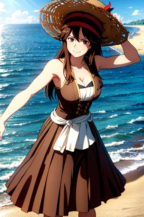 1 female, medium length brown hair, wearing pirate outfit,  wearing straw hat with red band, at beach