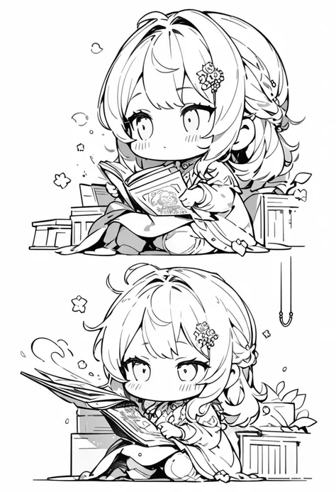 masterpiece, Best Quality, 4K, high resolution, ultra-detailed, High resolution, Ultra HD, sophisticated details, line art, thick lines, ((No background)), ((White background)), (((doodle))), chibi girl reading a book