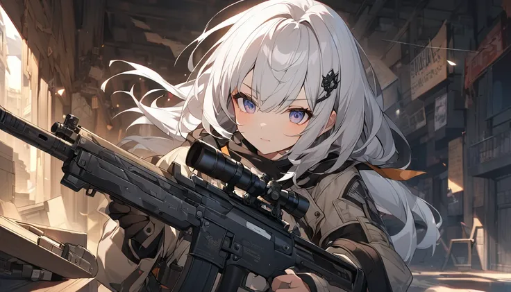 mysterious。White Hair Girl。Detailed Background。A clandestine illegal weapons dealer、White Hair Girlが珍しい武器や禁断のアイテムを選んでいるシーン。Transactions require trust。