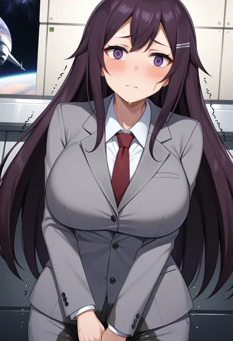 (high quality,Very detailed:1.37, High resolution), Woman, (mature:2.0), (Sakaki Yumiko:1.5), (very long hair:1.5), (straight hair:1.5) (dark purple hair:2.5), purple eyes, huge breasts, tuxedo, necktie, (pants:1.5), (wetting herself:2.0), standing, embarr...