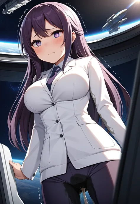 (high quality,Very detailed:1.37, High resolution), Woman, (mature:2.0), (Sakaki Yumiko:1.5), (very long hair:1.5), (straight hair:1.5) (dark purple hair:2.5), purple eyes, huge breasts, tuxedo, necktie, (pants:1.5), (wetting herself:2.0), standing, embarr...