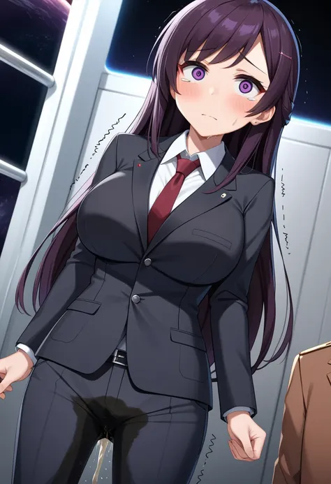 (high quality,Very detailed:1.37, High resolution), Woman, (mature:2.0), (Sakaki Yumiko:1.5), (very long hair:1.5), (straight hair:1.5) (dark purple hair:2.5), purple eyes, huge breasts, tuxedo, necktie, (pants:1.5), (wetting herself:2.0), standing, embarr...