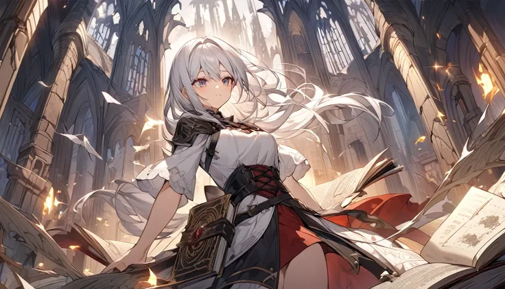 mysterious。White Hair Girl。Detailed Background。White Hair Girlが高くそびえる魔法の塔の中で、A scene with a powerful spellbook in hand。Solving the puzzles and overcoming the traps in the tower。