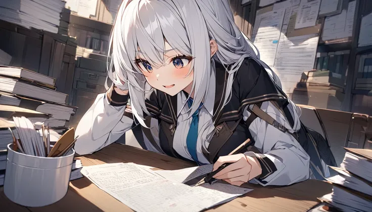 mysterious。White Hair Girl。Detailed Background。White Hair Girlが王や女王と面会するために豪華なホールに立っているシーン。Important tasks and reports。