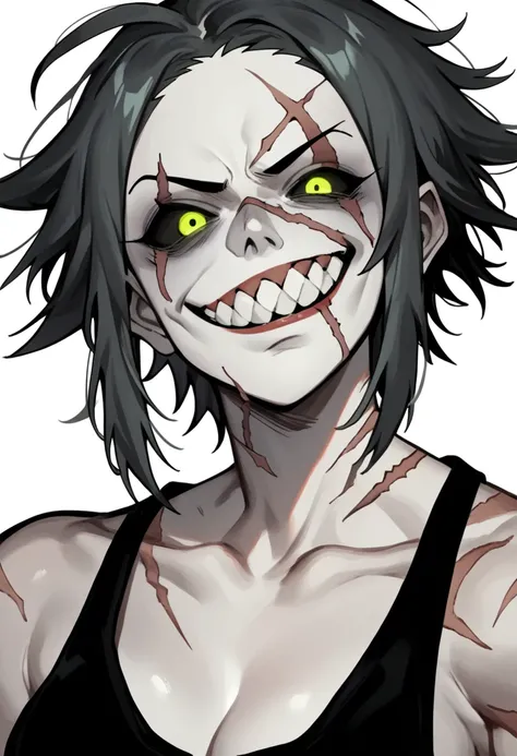 Anime zombie undead girl, slitched face, scars an face, black sclera, shark teeth, glowing eyes, smug face, vile, pale green-ish decayed skin, black tank top, eletric colar, naked